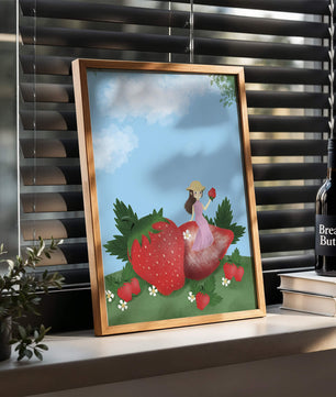 Ilustración encantadora de una niña en un campo de fresas