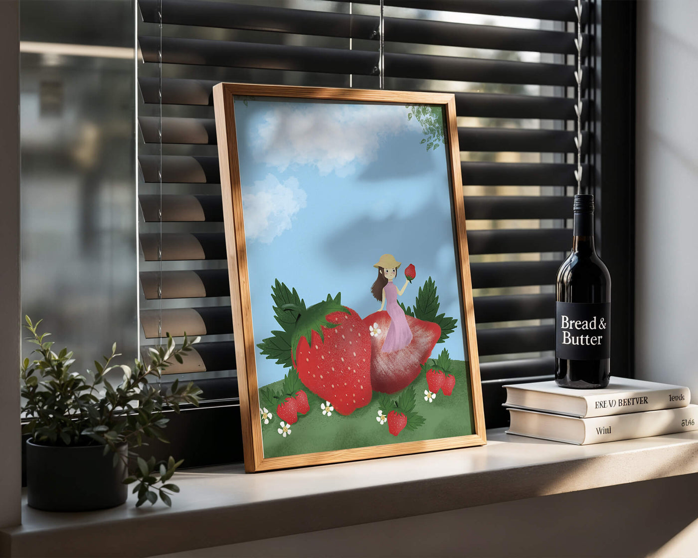 Charming illustration of a girl in a strawberry field