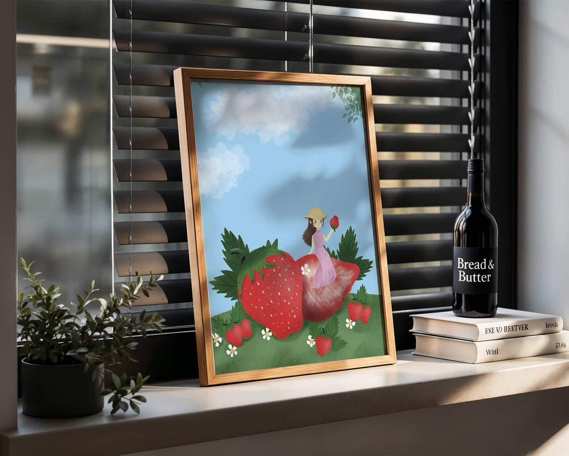 Charming illustration of a girl in a strawberry field