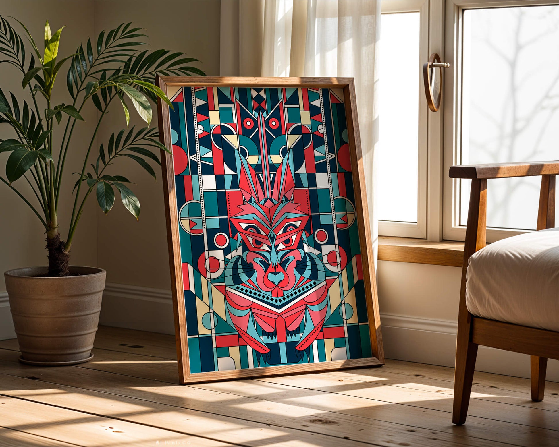 Arte abstracto geométrico de lobo con influencias tribales