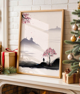 Paisaje sereno con árbol de cerezo y pagodas distantes