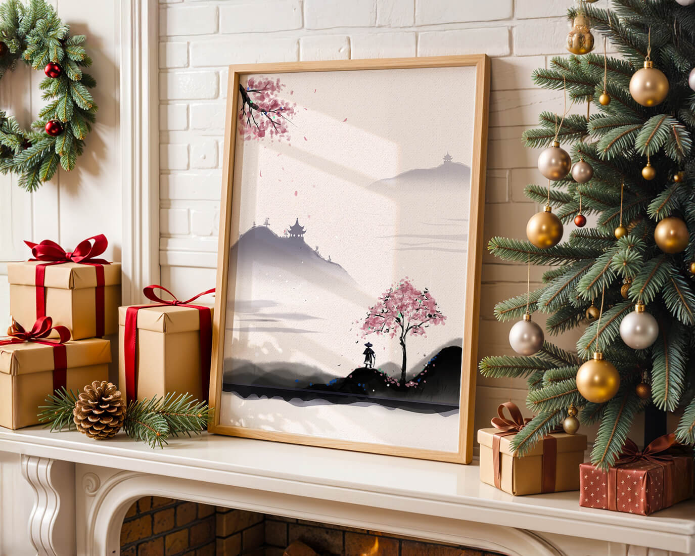 Paisaje sereno con árbol de cerezo y pagodas distantes
