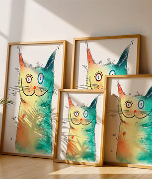 Illustration artistique de chat à l’aquarelle avec des couleurs vives