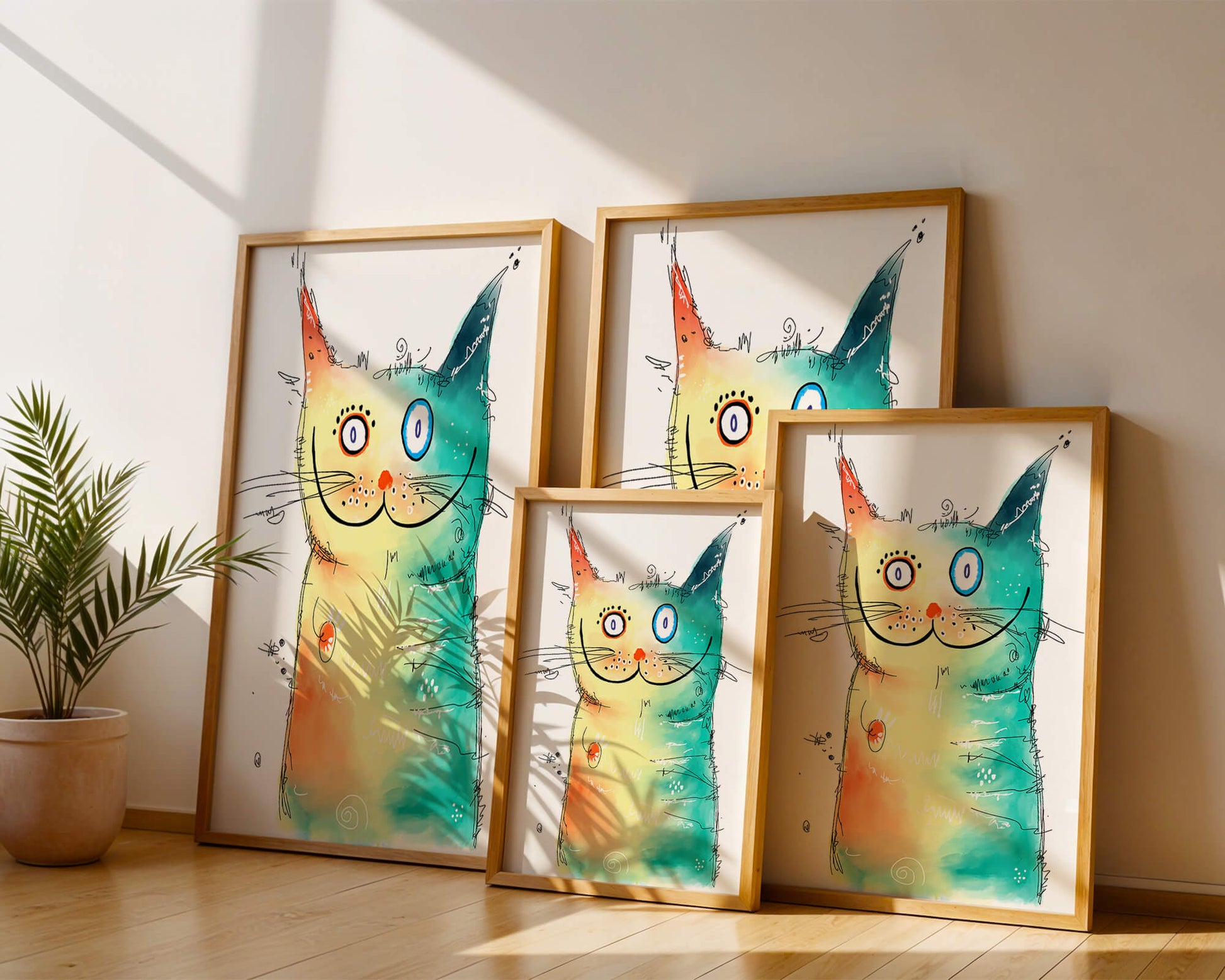 Artistic watercolor cat illustration with vibrant colors