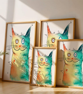Artistic watercolor cat illustration with vibrant colors