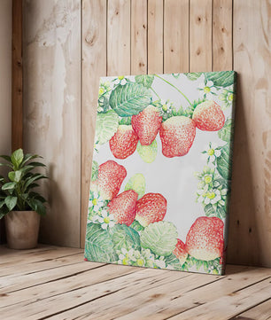 Ilustración de fresas y flores con hojas verdes exuberantes