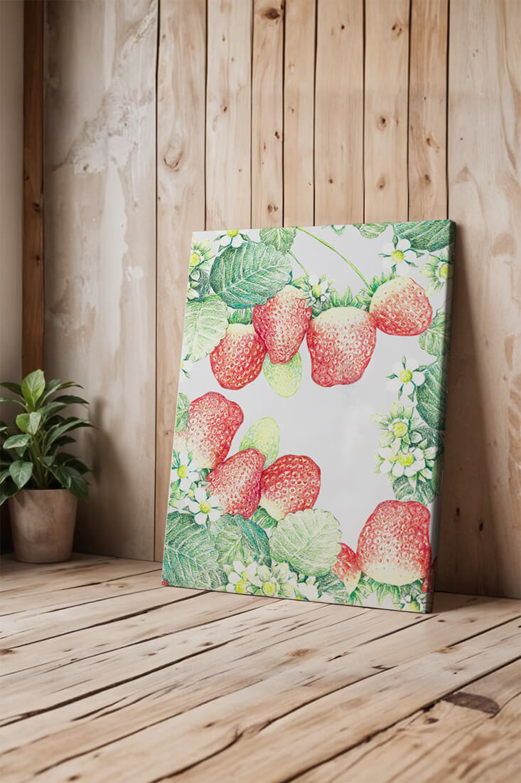 Illustration of strawberries and flowers with lush green leaves