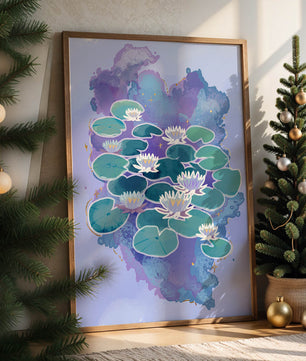 Serene aquatic scene with water lilies on abstract colorful background