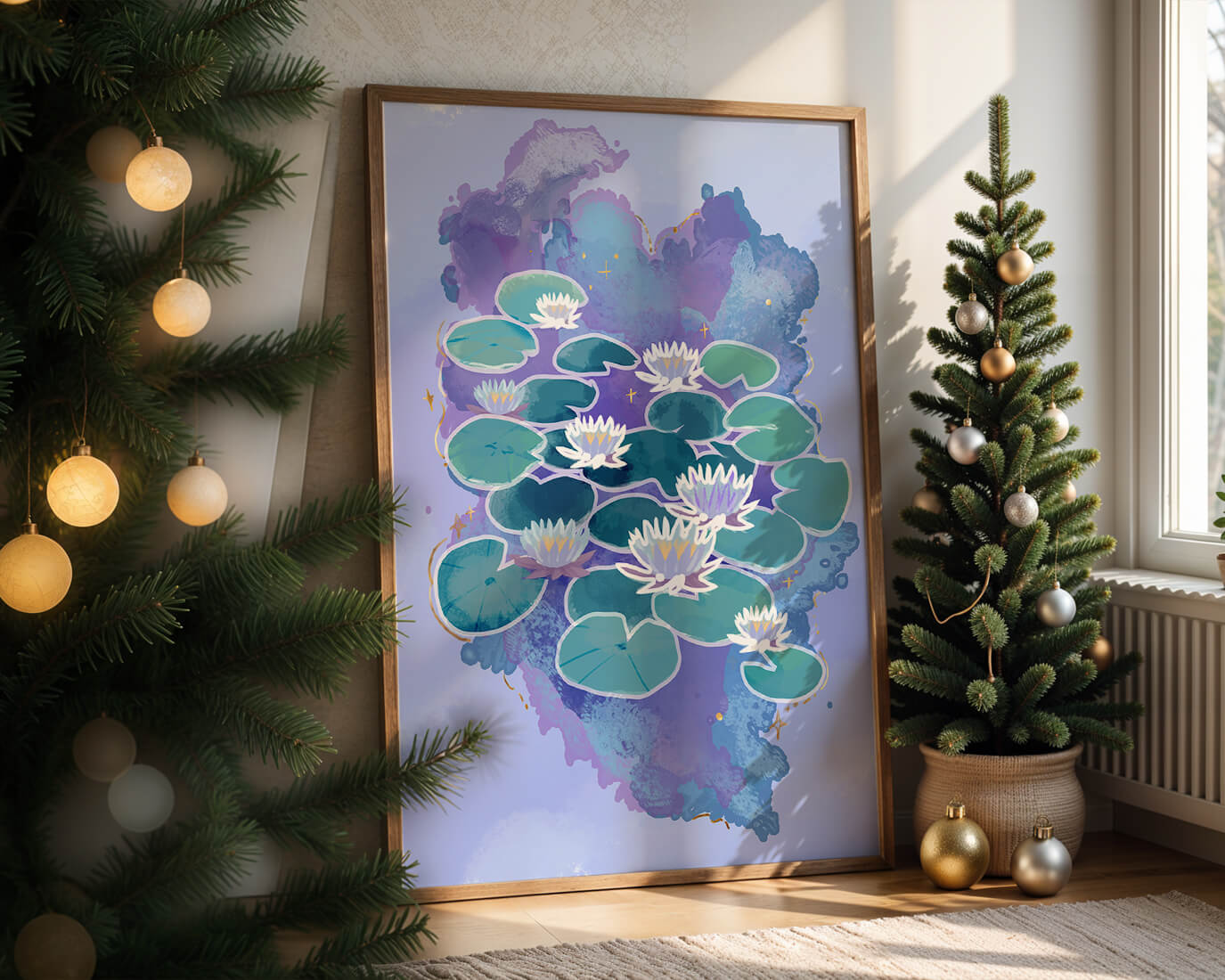 Serene aquatic scene with water lilies on abstract colorful background