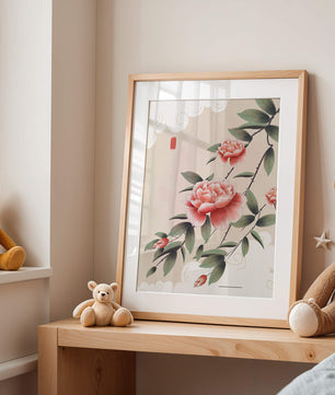 Oriental floral illustration with pink peonies and calligraphy