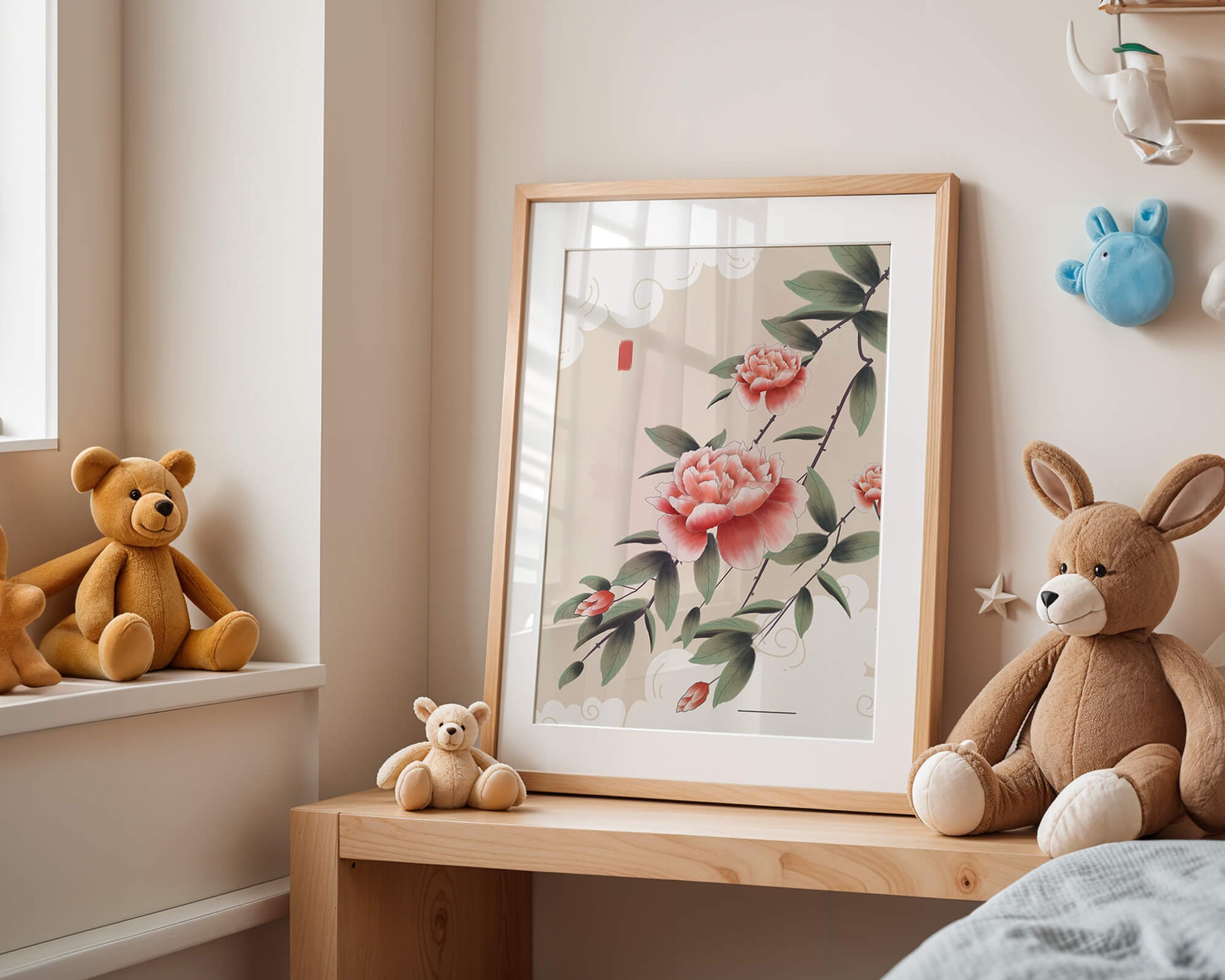Oriental floral illustration with pink peonies and calligraphy