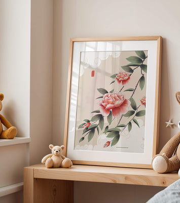 Oriental floral illustration with pink peonies and calligraphy
