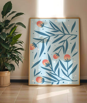 Abstract botanical pattern with colorful flowers and leaves on light blue background