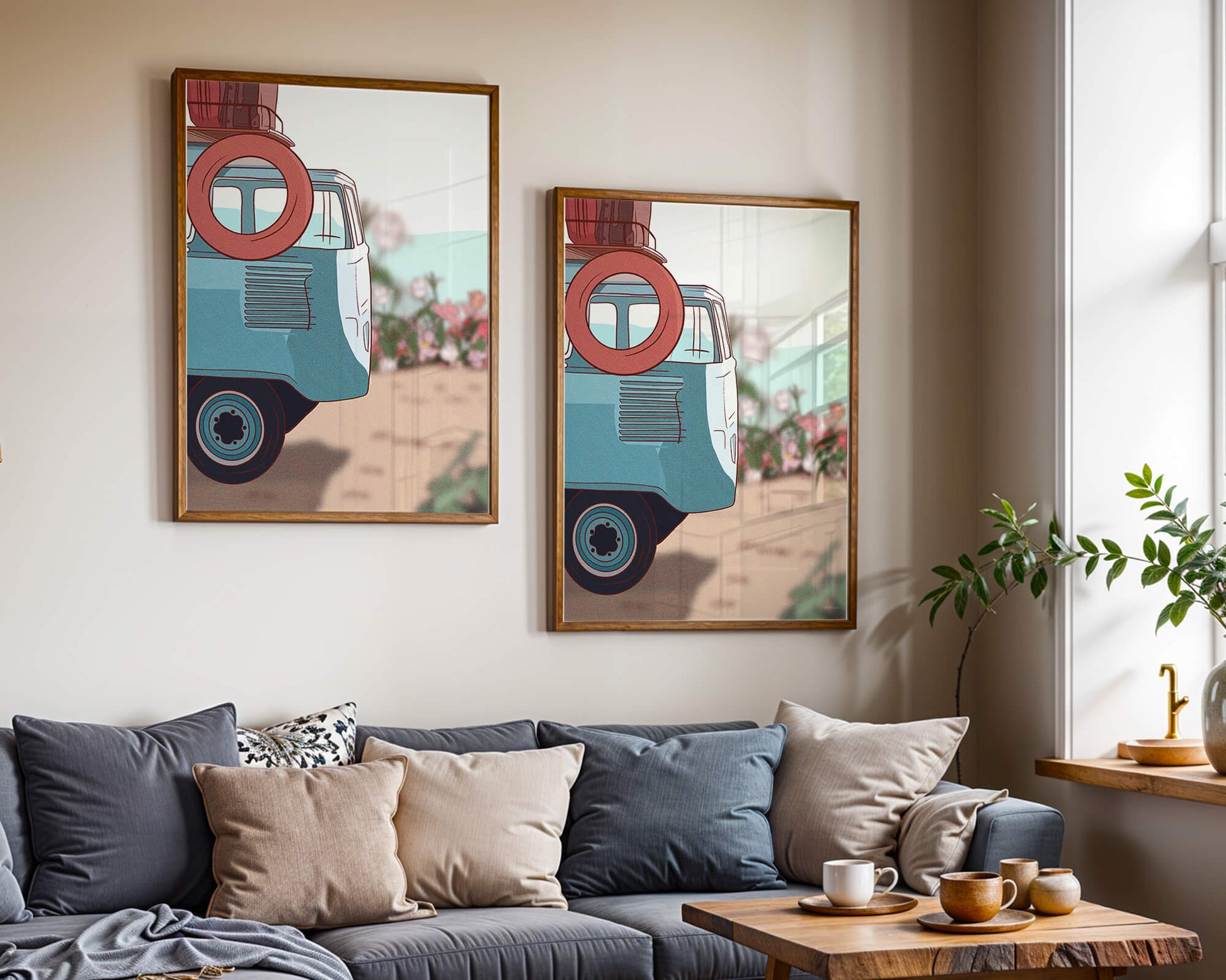 Viaje por carretera de verano en una furgoneta azul vintage