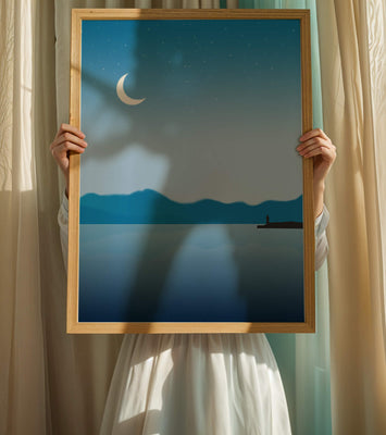 Serene Night Landscape with Crescent Moon and Lighthouse