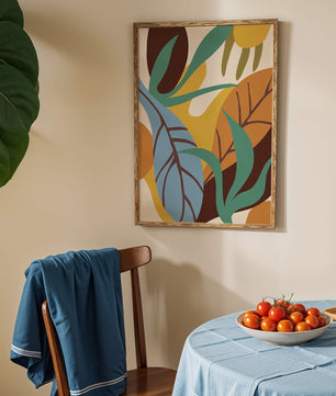 Abstract botanical design with colorful leaves and organic shapes