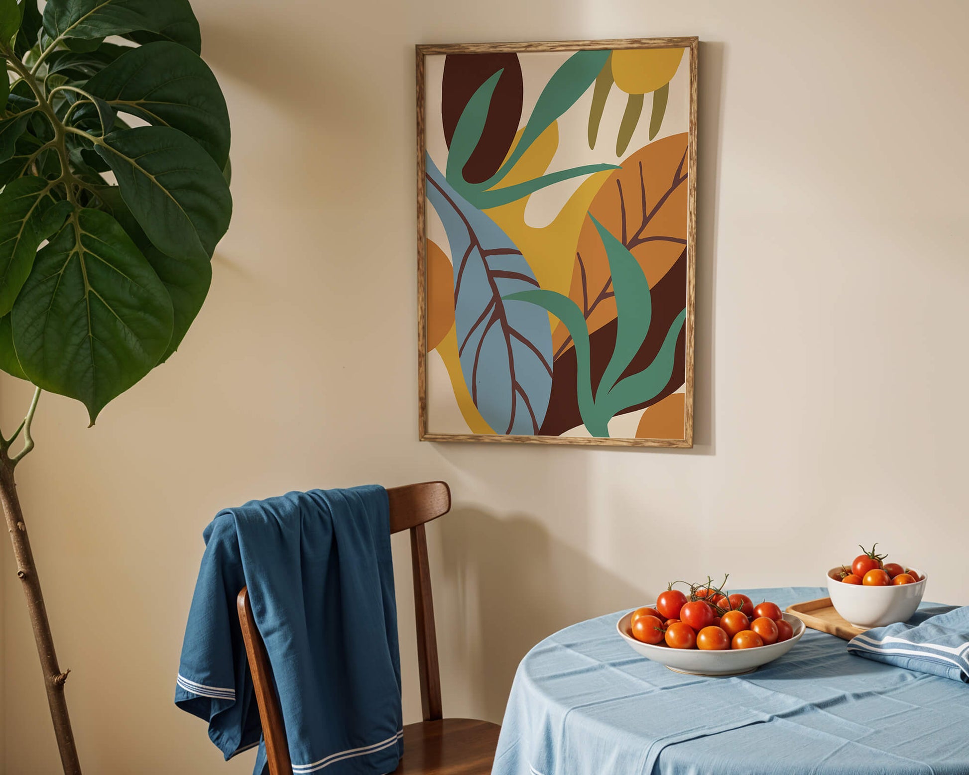 Abstract botanical design with colorful leaves and organic shapes