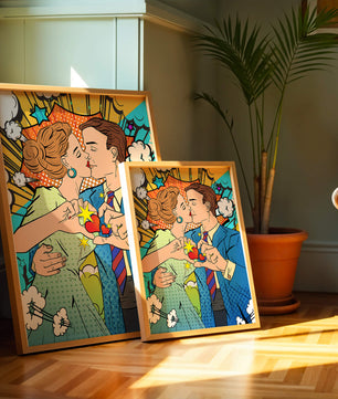 Ilustración de estilo pop art romántico de una pareja besándose con elementos cómicos