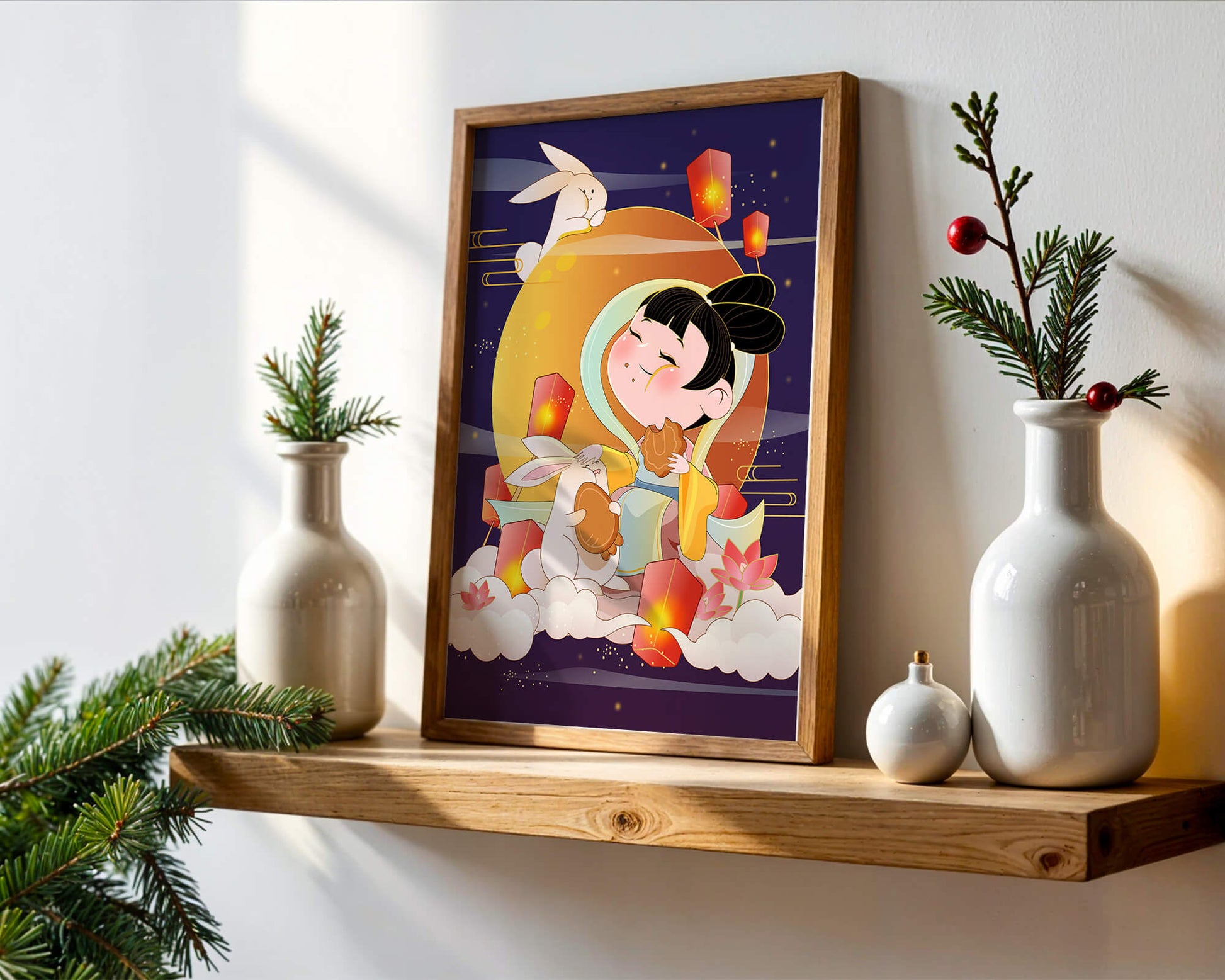 Illustration de déesse de la lune avec des lapins et des lanternes sur fond de mi-automne