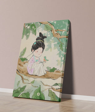 Serene illustration of a girl with a bird in a tree