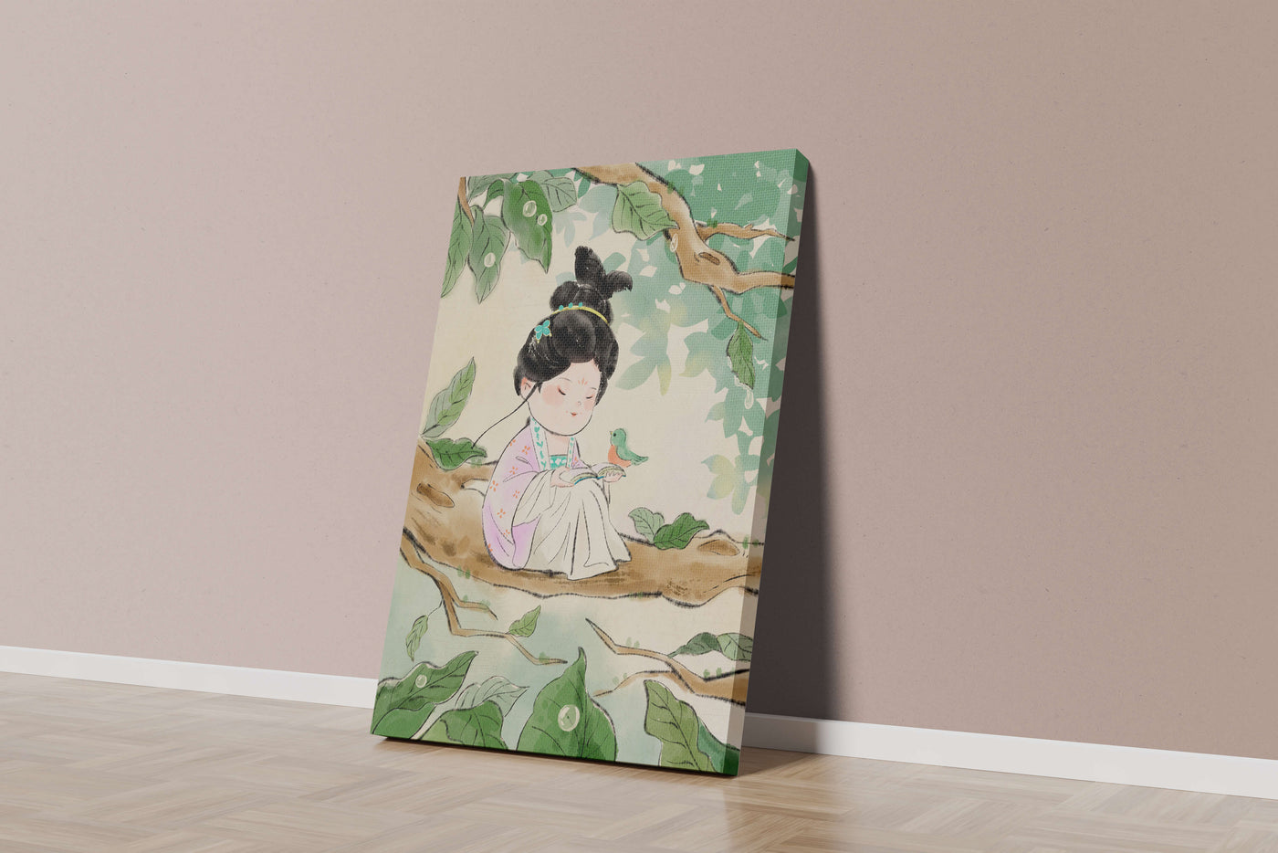 Serene illustration of a girl with a bird in a tree
