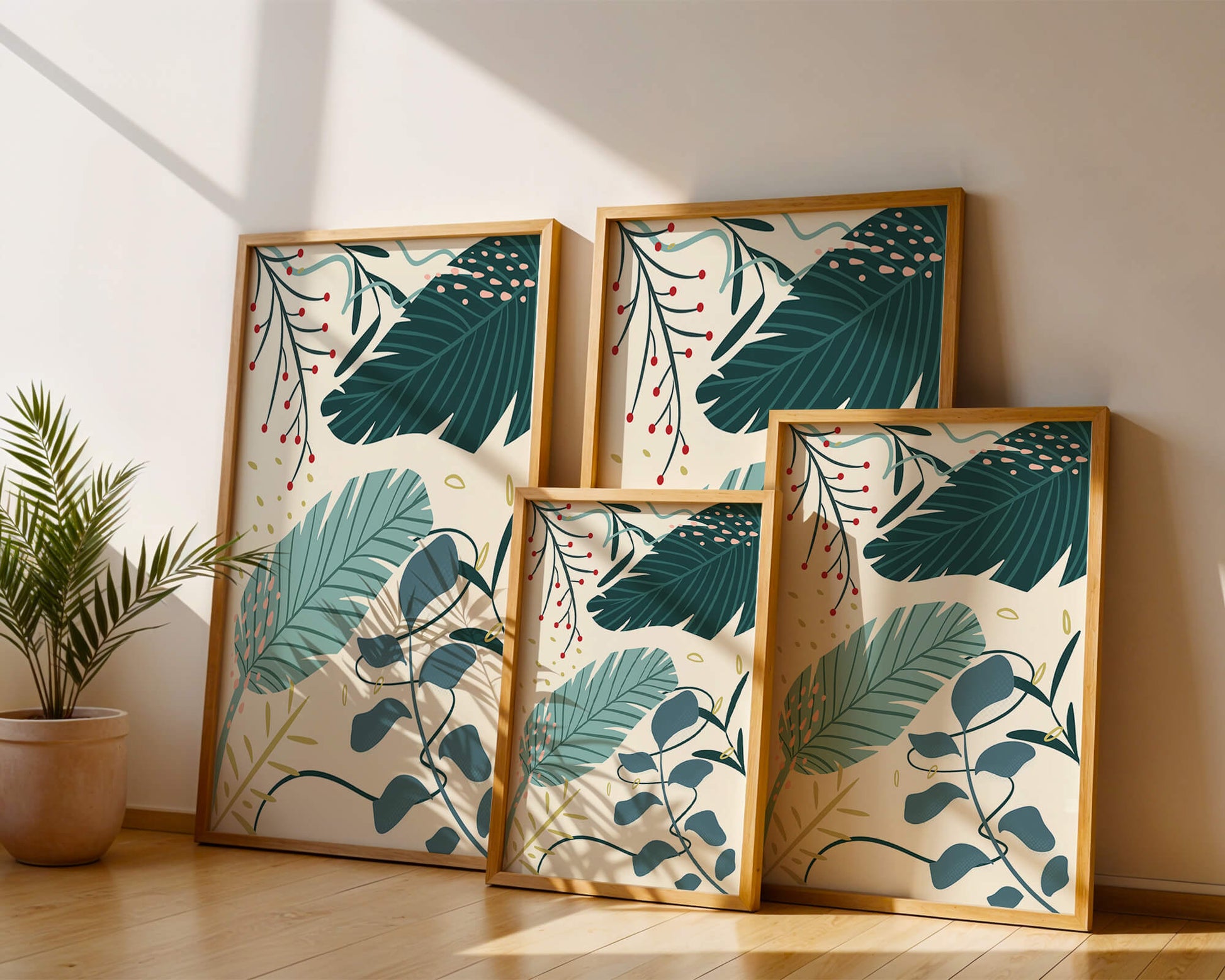 Abstract Botanical Illustration with Colorful Leaf Patterns