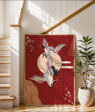 Elegant Asian-inspired artwork featuring flying cranes and cherry blossoms