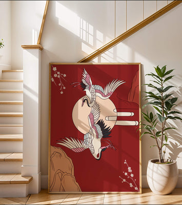 Elegant Asian-inspired artwork featuring flying cranes and cherry blossoms