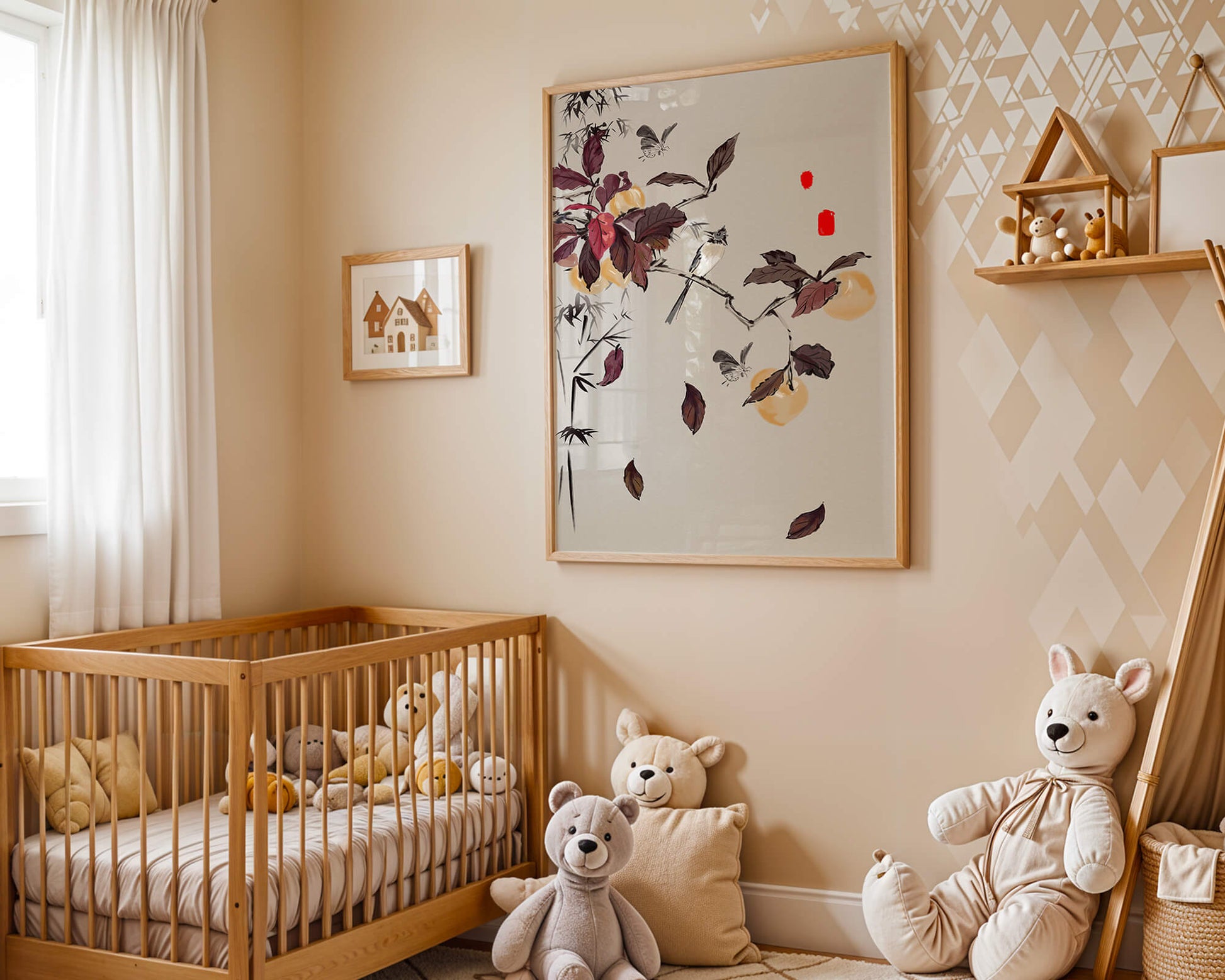Elegant nature illustration featuring butterflies and birds on a branch