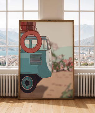 Viaje por carretera de verano en una furgoneta azul vintage