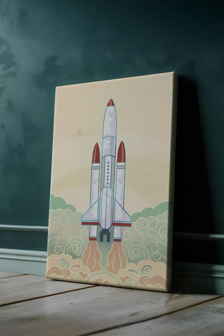 Colorful rocket launch from vintage-style clouds