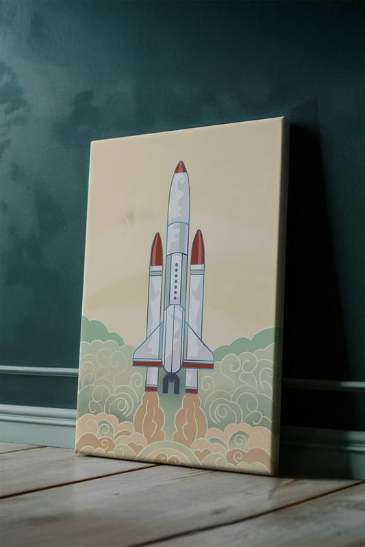 Colorful rocket launch from vintage-style clouds