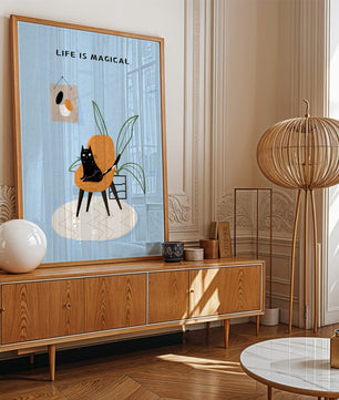 Charming Cat Relaxing on a Chair with Inspirational Quote and Art