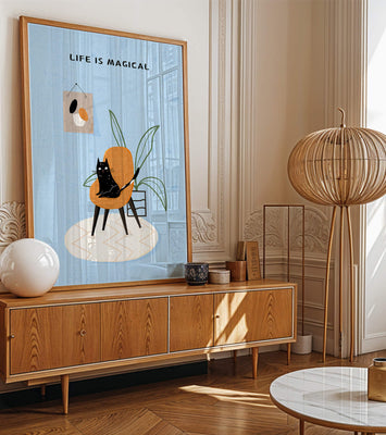 Charming Cat Relaxing on a Chair with Inspirational Quote and Art