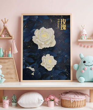 Elegant white roses on a celestial night background with deep blue leaves