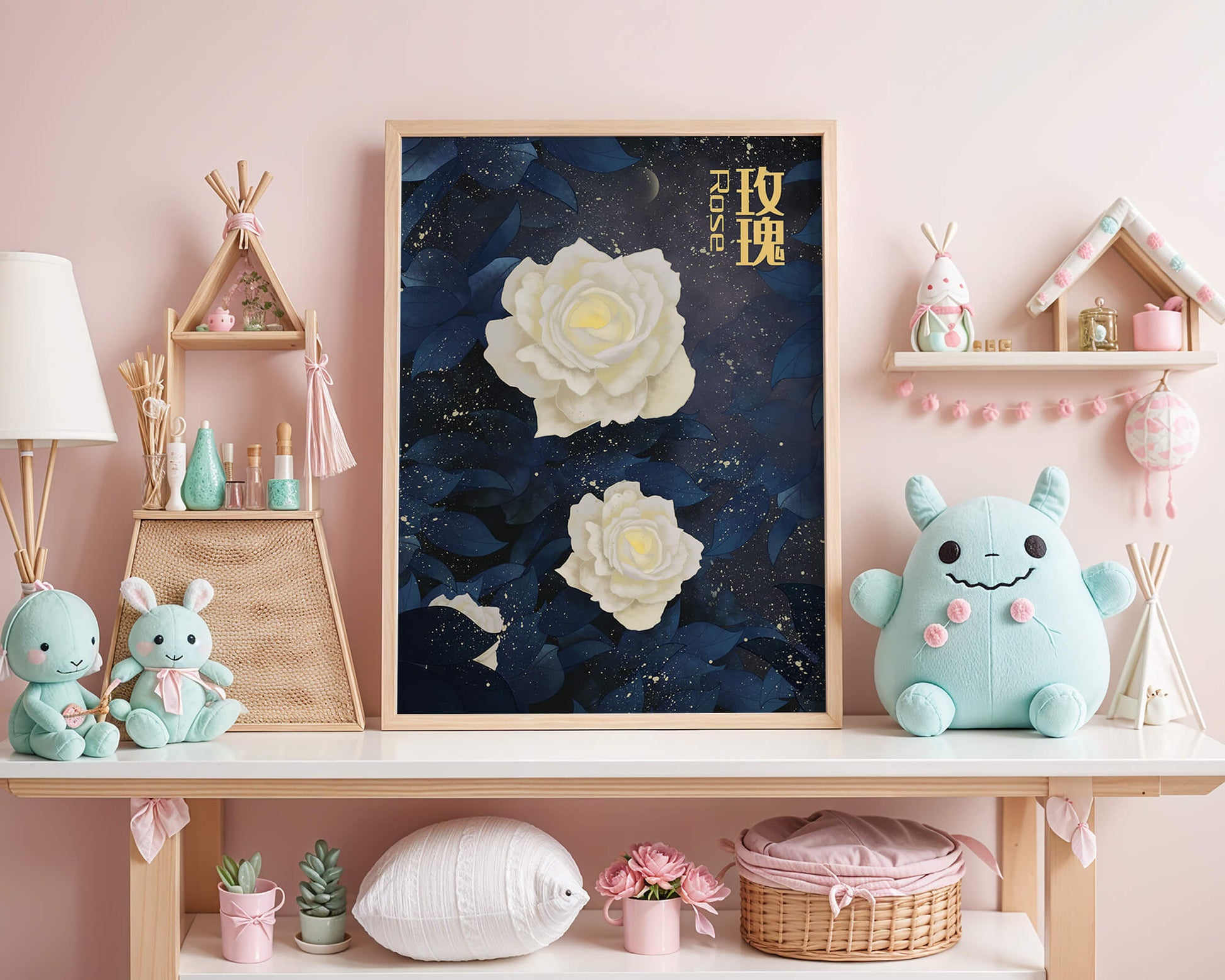 Elegant white roses on a celestial night background with deep blue leaves