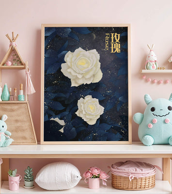 Elegant white roses on a celestial night background with deep blue leaves