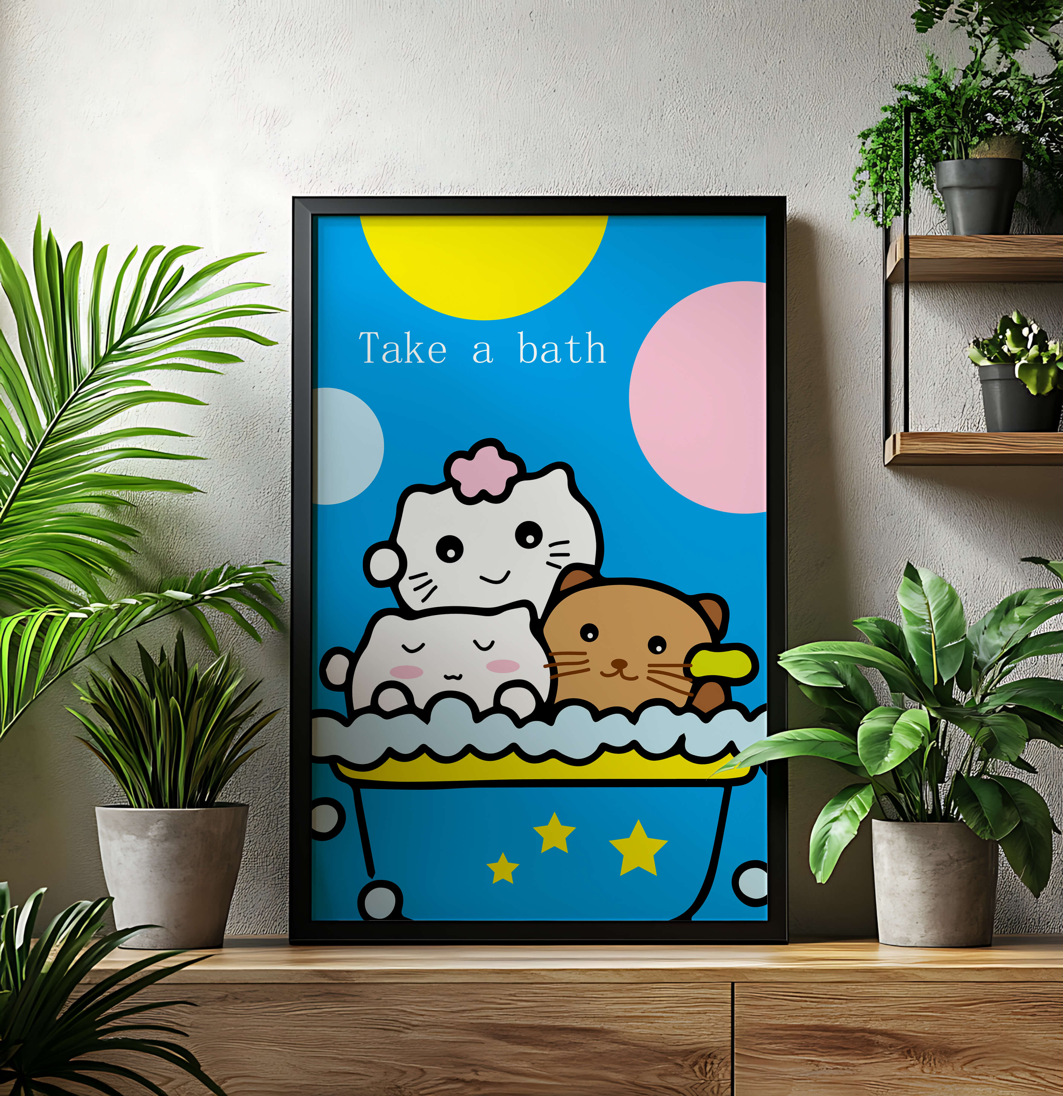 Adorable cartoon characters in a bubble bath with vibrant background