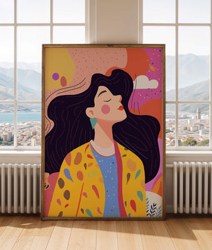 Ilustración colorida de una mujer en estilo artístico con fondo vibrante