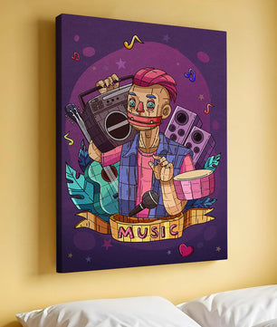 Illustration colorée sur le thème de la musique avec un personnage et des instruments