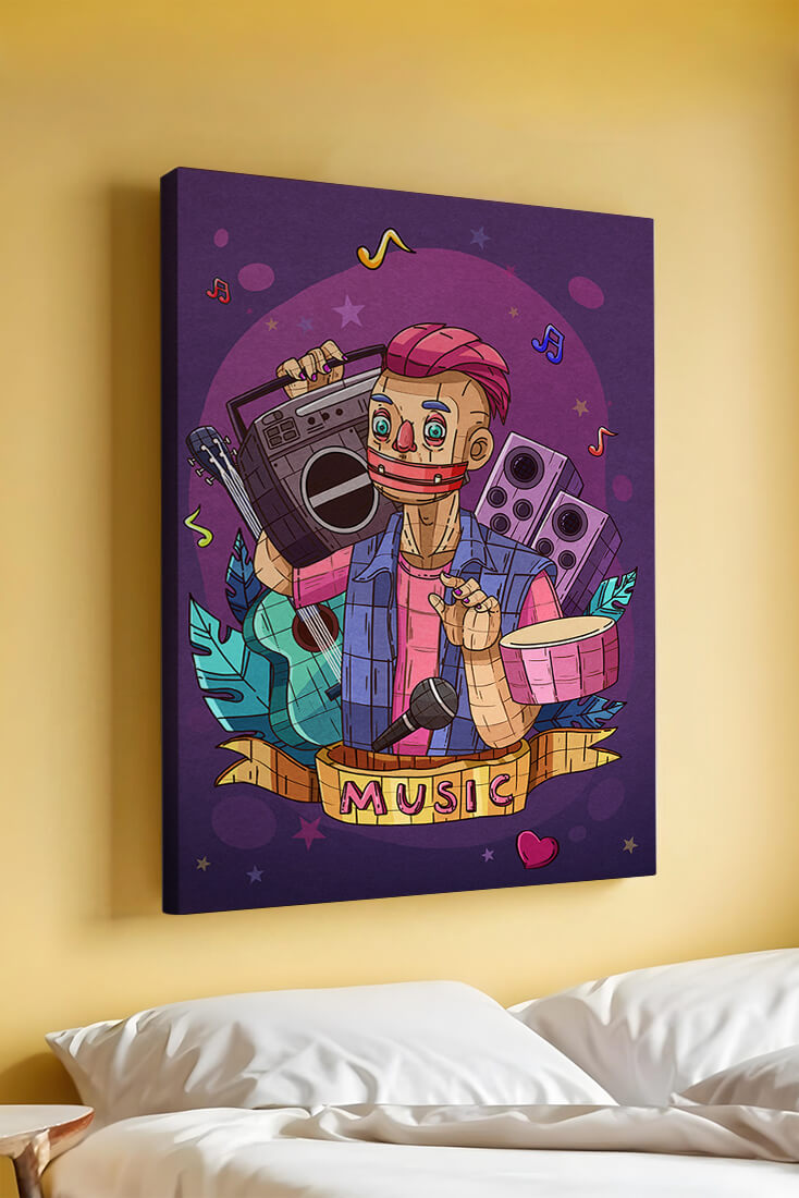 Illustration colorée sur le thème de la musique avec un personnage et des instruments