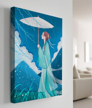 Porträt einer Frau mit Regenschirm in einer verregneten Berglandschaft