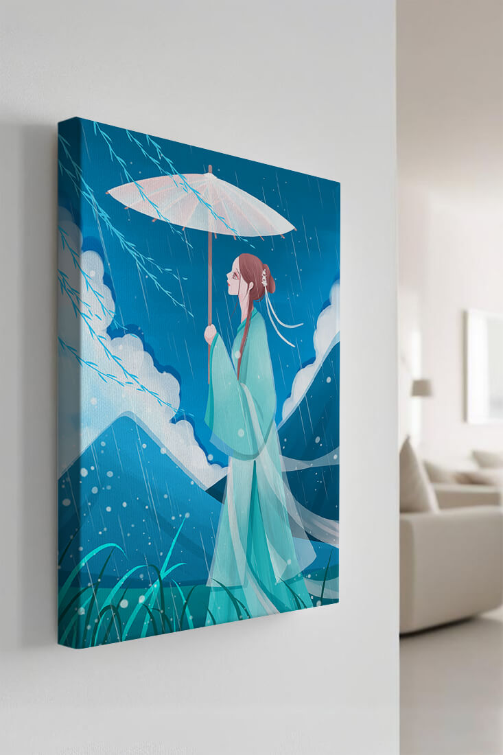 Porträt einer Frau mit Regenschirm in einer verregneten Berglandschaft