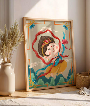 Whimsical illustration of a joyful child deity with lotus and clouds