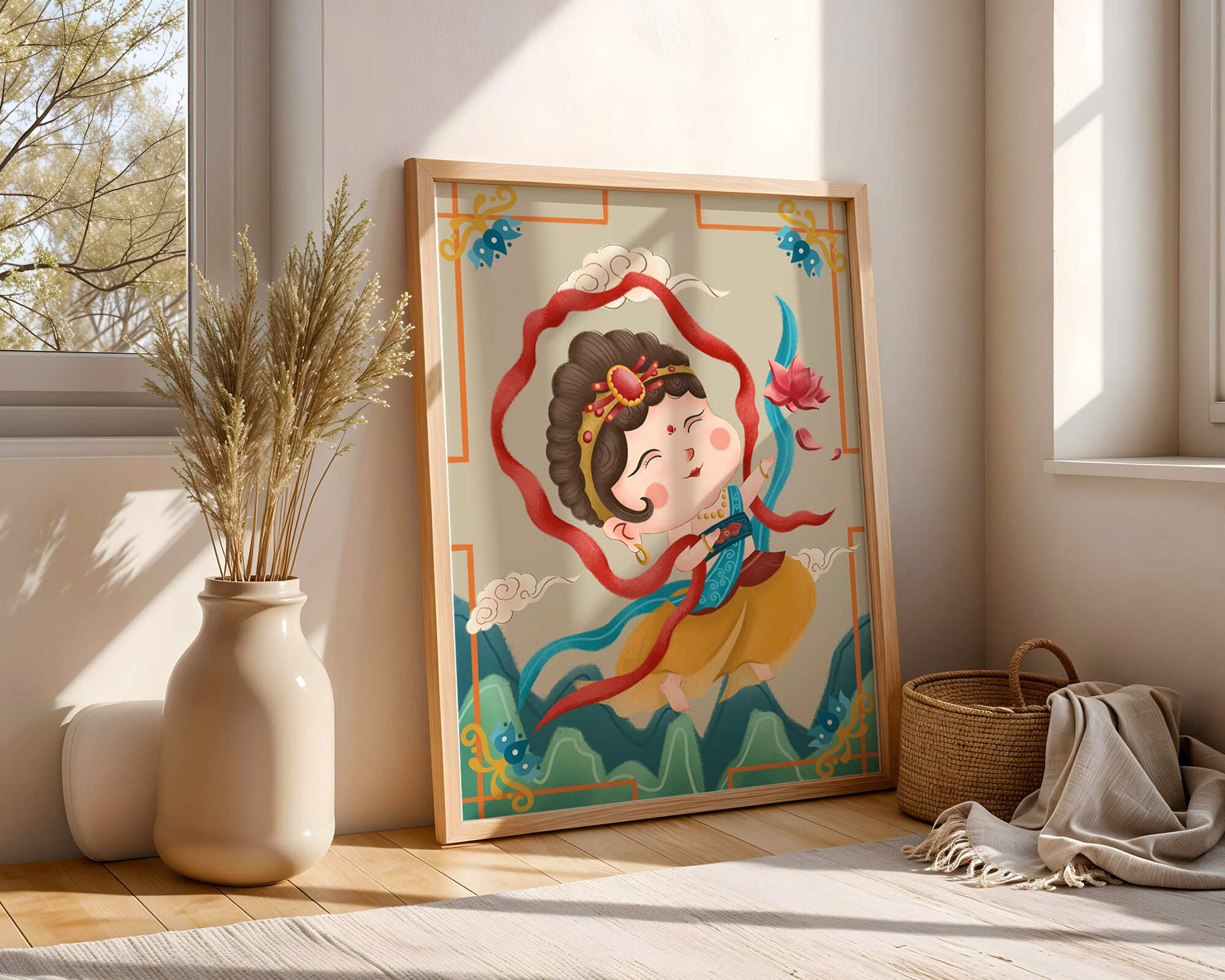Whimsical illustration of a joyful child deity with lotus and clouds