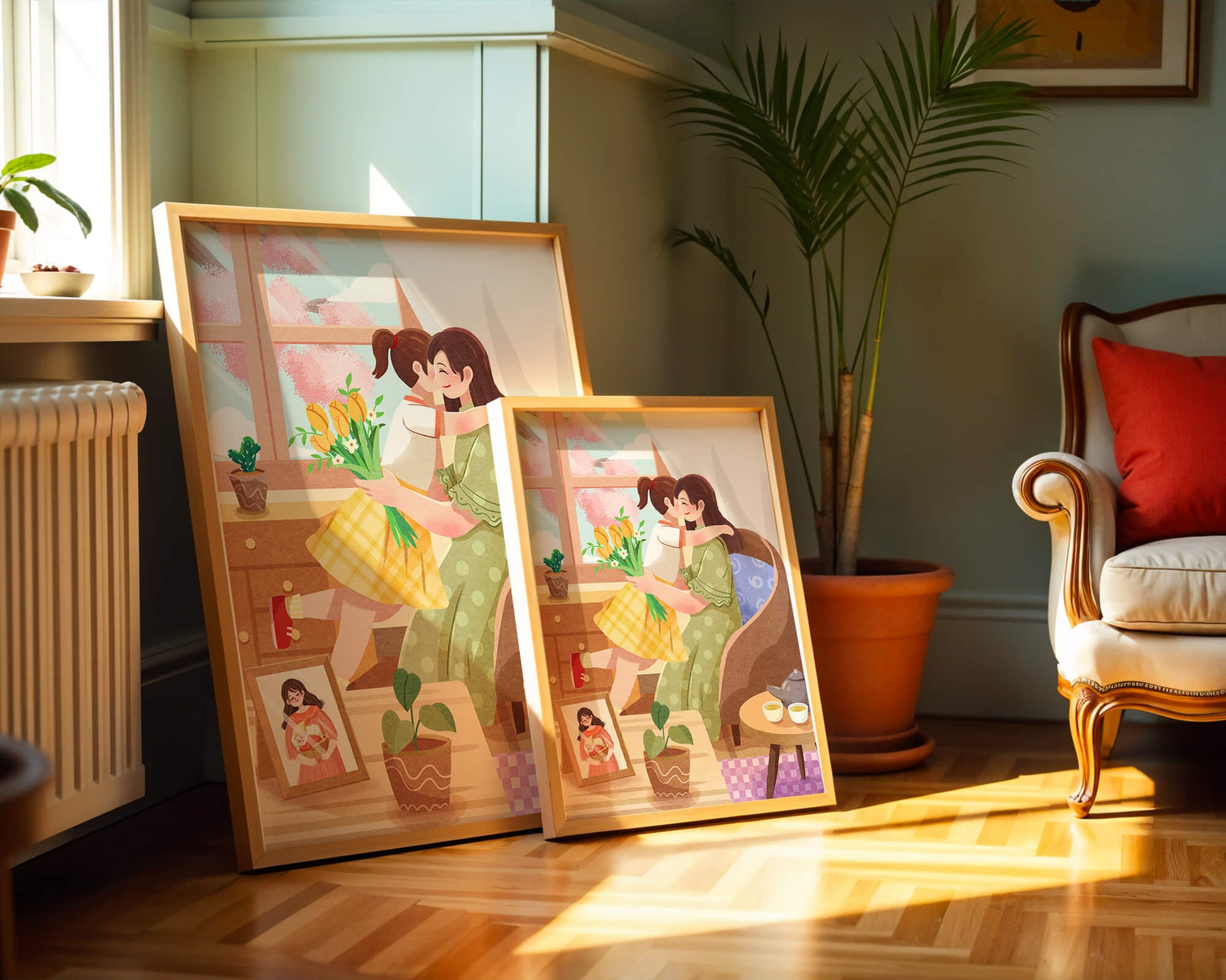 Cozy living room scene with mother and daughter hugging near window