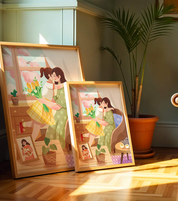 Cozy living room scene with mother and daughter hugging near window