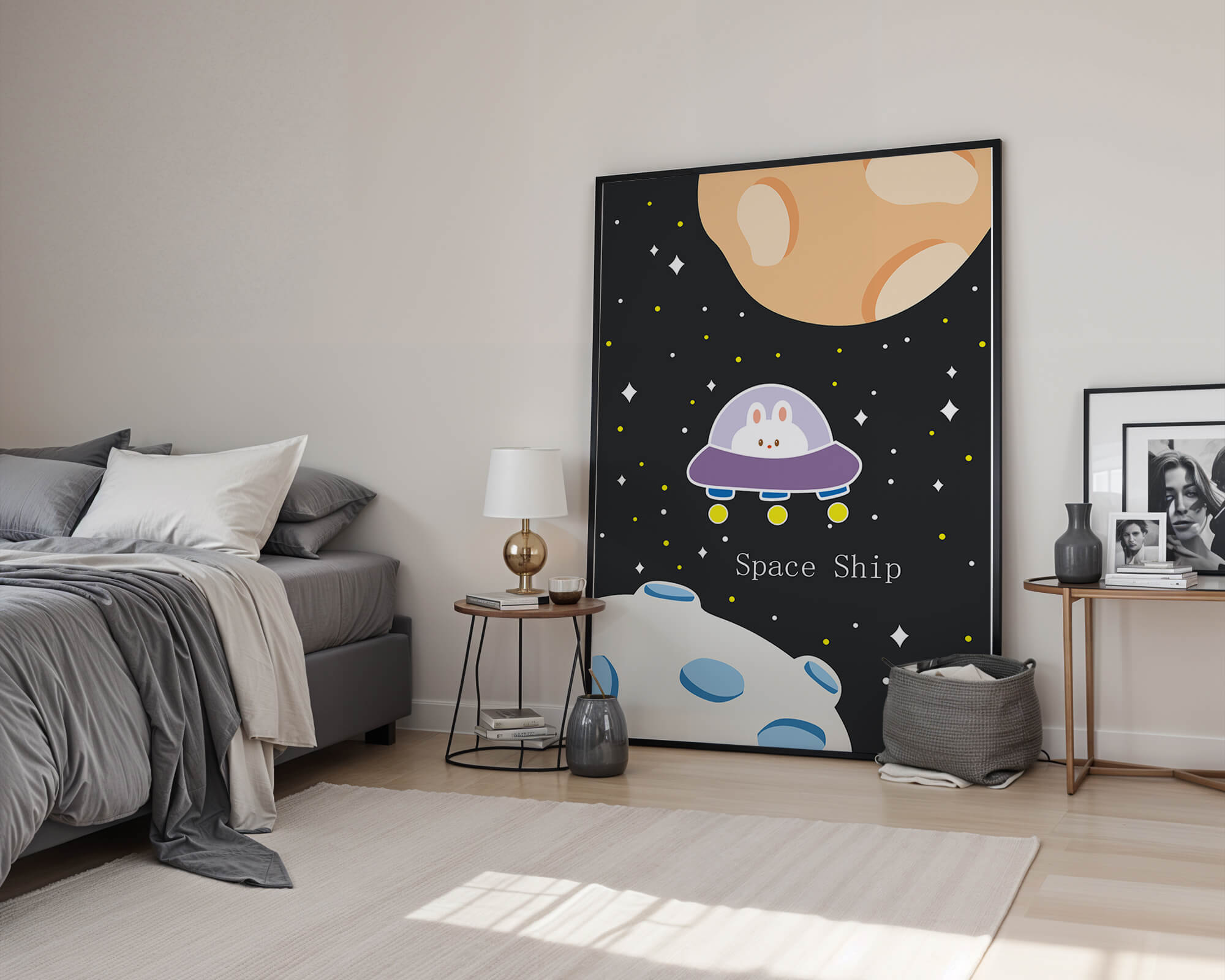 Cute bunny in spaceship with planets and stars in space illustration