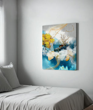 Surreal Nature Scene with Elephants and Golden Leaves