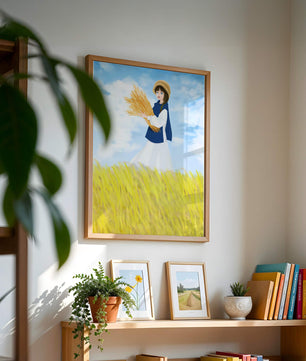 Young girl in a wheat field on a sunny day illustration